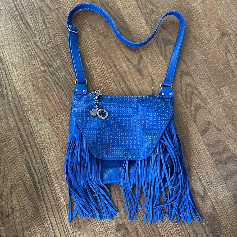 Lucky Blue Fringe Crossbody Bag Leather